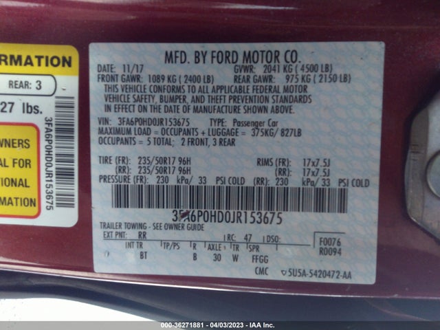 2018 FORD FUSION SE VIN: 3FA6P0HD0JR153675