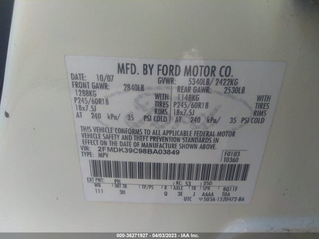 2008 FORD EDGE LIMITED VIN: 2FMDK39C98BA03849