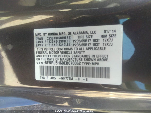 Aukcja sprzedaży 2014 Honda Odyssey Ex-l, vin: 5FNRL5H60EB070062, numer aukcji: 36271988