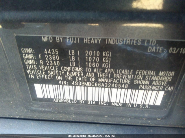 2010 SUBARU LEGACY PREM ALL-WTHR VIN: 4S3BMBC66A3240548