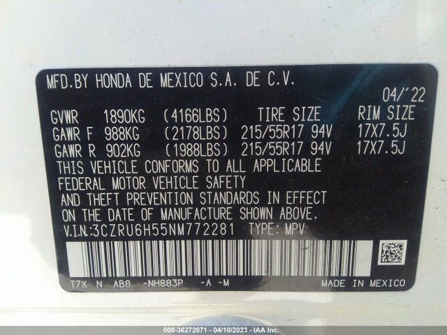 Honda HR-V EX 2022 3CZRU6H55NM772281 Image 9