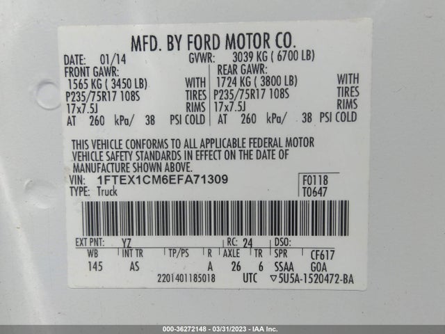 2014 FORD F-150 XL VIN: 1FTEX1CM6EFA71309