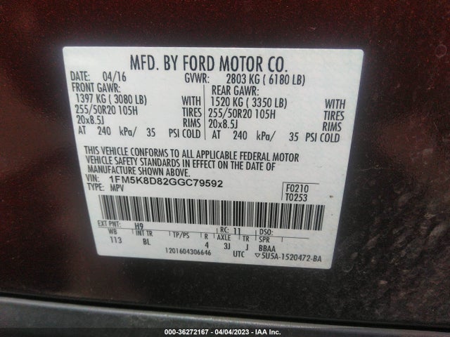 2016 FORD EXPLORER XLT VIN: 1FM5K8D82GGC79592