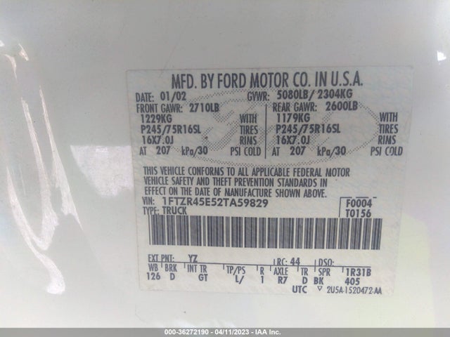2002 FORD RANGER XL FLEET/XLT VIN: 1FTZR45E52TA59829