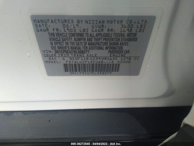 2019 NISSAN KICKS SR VIN: 3N1CP5CU7KL558277