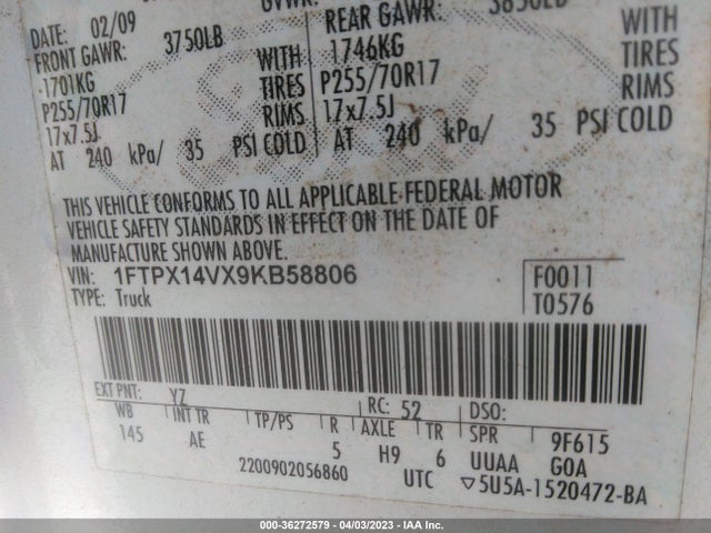 2009 FORD F-150 XL/XLT/FX4/LARIAT VIN: 1FTPX14VX9KB58806