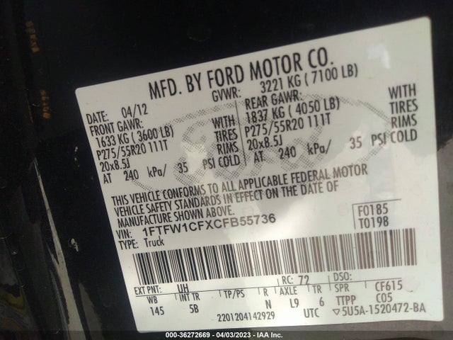 2012 FORD F-150 XL/XLT/FX2/LARIAT VIN: 1FTFW1CFXCFB55736