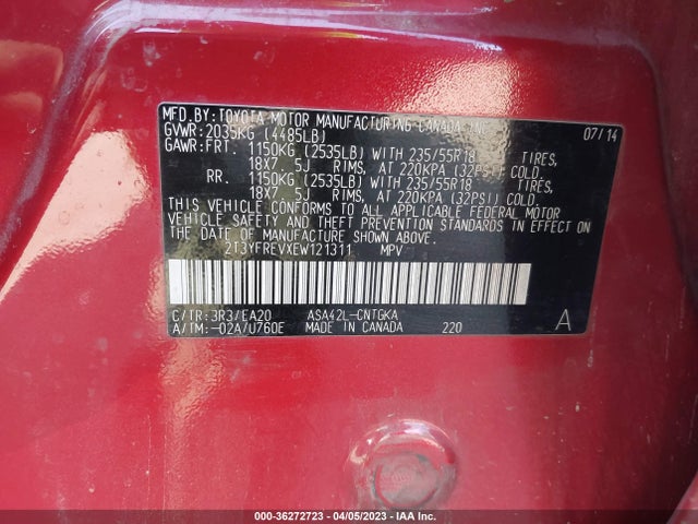 2014 TOYOTA RAV4 LIMITED VIN: 2T3YFREVXEW121311
