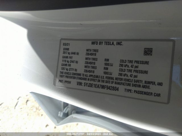 5YJ3E1EA7MF942804 Tesla Model 3 Standard Range Plus