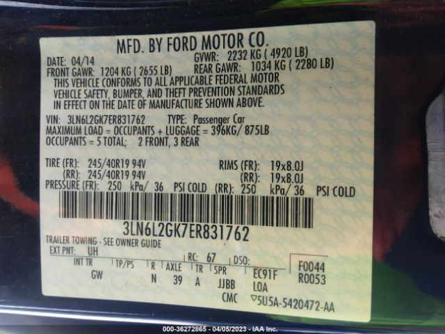 3LN6L2GK7ER831762 Lincoln MKZ