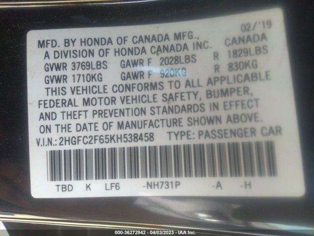 Honda Civic Sedan Lx 2019 2HGFC2F65KH538458 Image 9