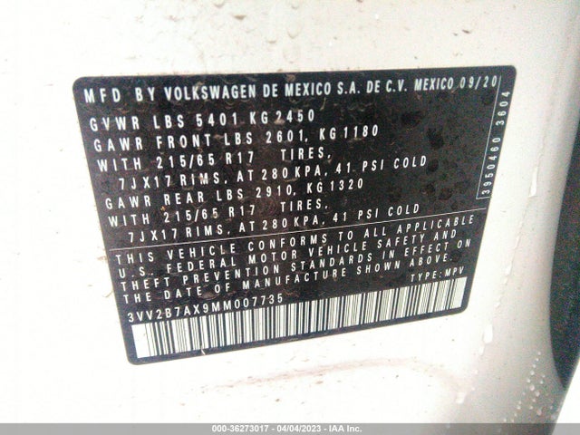 3VV2B7AX9MM007735 Volkswagen Tiguan Se/se R-line Black/sel