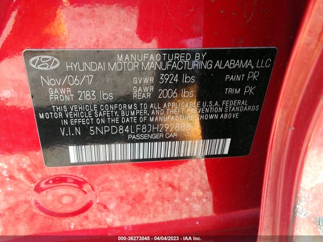 2018 HYUNDAI ELANTRA SEL VIN: 5NPD84LF8JH292888