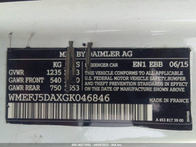 2016 SMART FORTWO PASSION/PURE/PRIME/PROXY VIN: WMEFJ5DAXGK046846