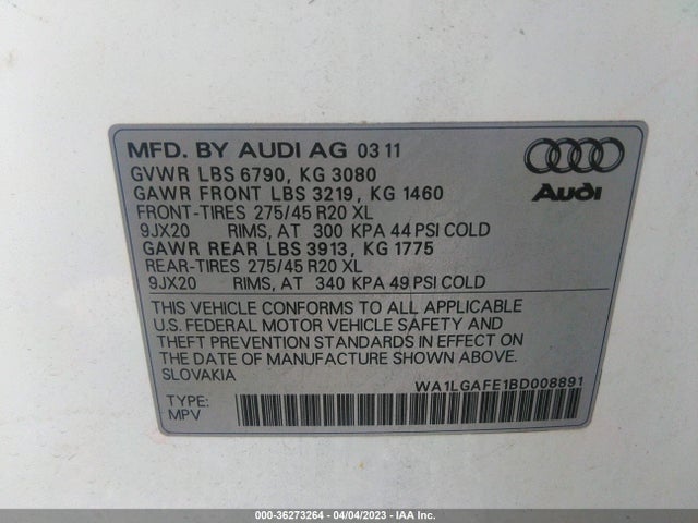 2011 AUDI Q7 3.0T PREMIUM PLUS VIN: WA1LGAFE1BD008891