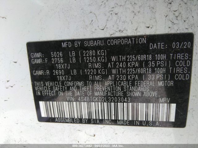 4S4BTGKD2L3203043 Subaru Outback Onyx Edition Xt