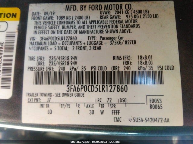 2020 FORD FUSION SEL VIN: 3FA6P0CD5LR127860