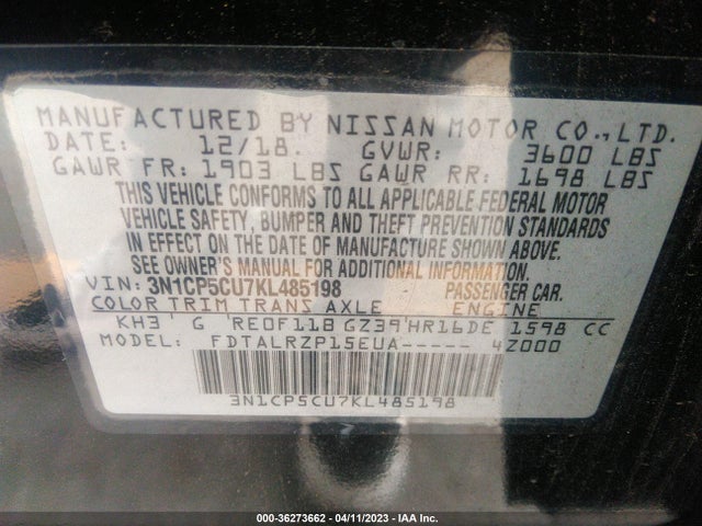 2019 NISSAN KICKS S VIN: 3N1CP5CU7KL485198