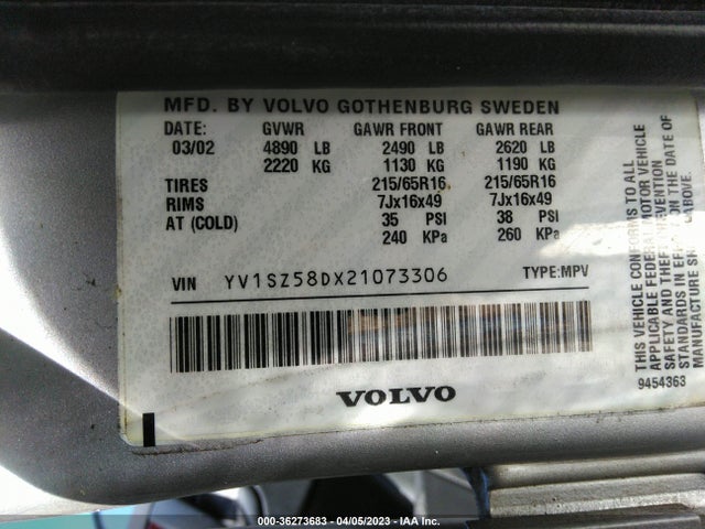2002 VOLVO V70 VIN: YV1SZ58DX21073306