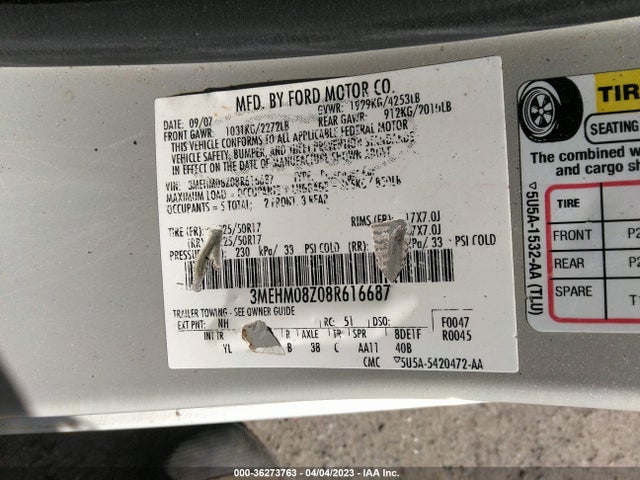 2008 MERCURY MILAN PREMIER VIN: 3MEHM08Z08R616687