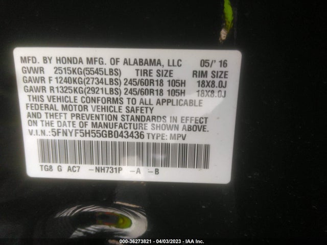 Honda Pilot Ex-l 2016 5FNYF5H55GB043436 Image 10