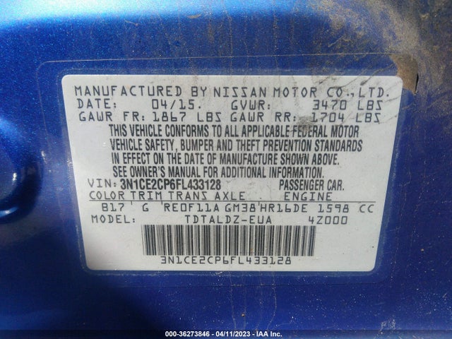2015 NISSAN VERSA NOTE S/S PLUS/SV/SR/SL VIN: 3N1CE2CP6FL433128