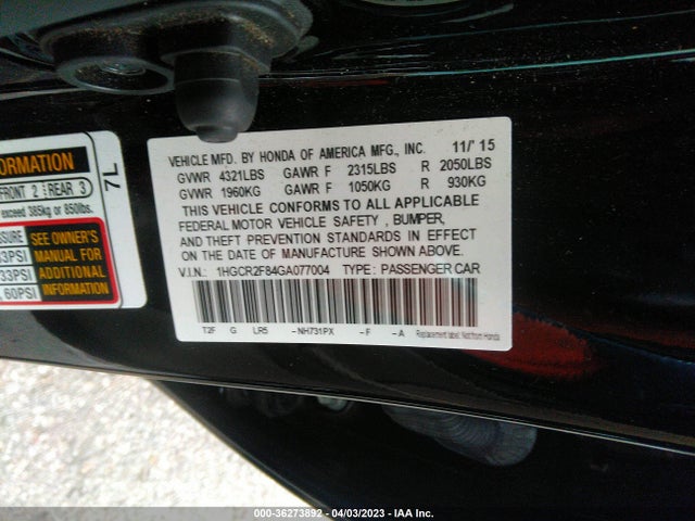 2016 HONDA ACCORD SEDAN EX-L VIN: 1HGCR2F84GA077004