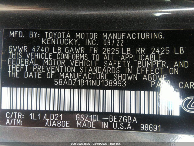 58ADZ1B11NU138993 Lexus Es Es 350