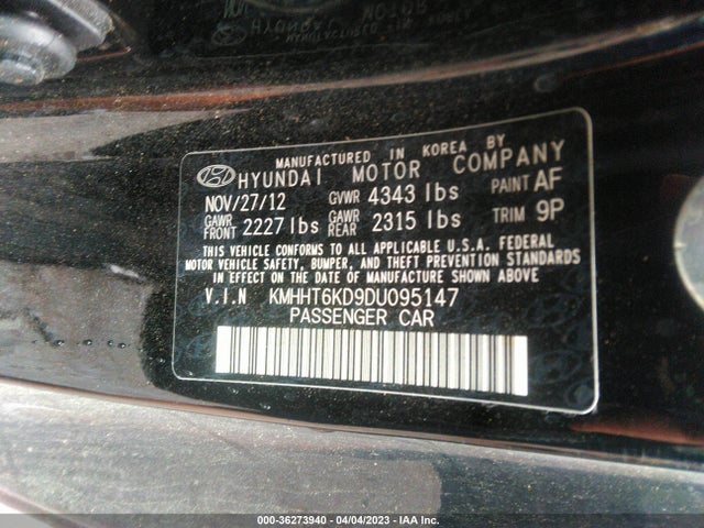 2013 HYUNDAI GENESIS COUPE 2.0T PREMIUM VIN: KMHHT6KD9DU095147