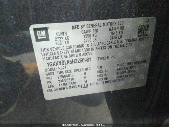 1GKKNSLA5HZ256981 GMC ACADIA SLE