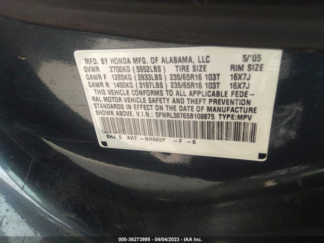 2005 HONDA ODYSSEY EX-L VIN: 5FNRL38765B108875