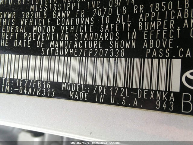 Toyota COROLLA LE 2015 5YFBURHE7FP207338 Image 10