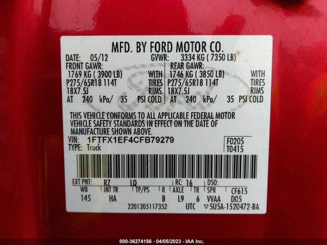 2012 FORD F-150 XL/STX/XLT/FX4/LARIAT VIN: 1FTFX1EF4CFB79279