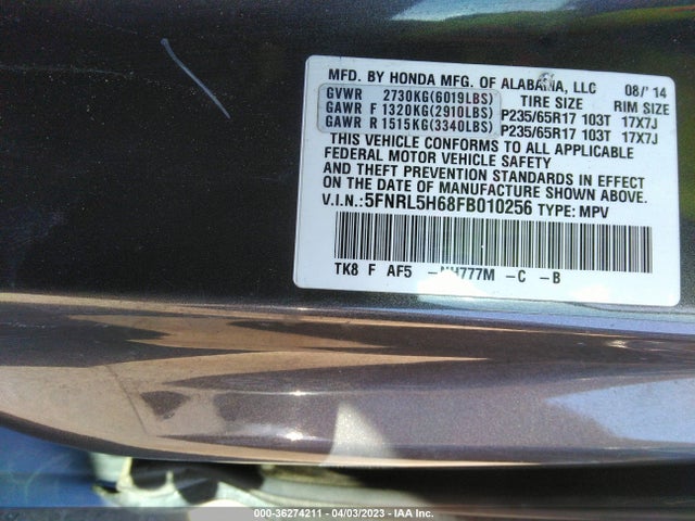 Honda Odyssey Ex-l 2015 5FNRL5H68FB010256 Image 9