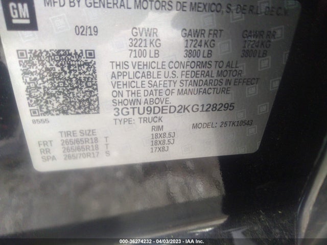 2019 GMC SIERRA 1500 SLT VIN: 3GTU9DED2KG128295