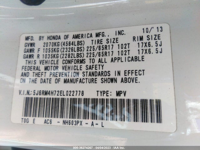 Honda Cr-v Ex-l 2014 5J6RM4H72EL022778 Image 10