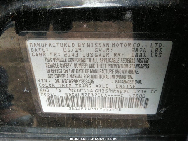 2019 NISSAN SENTRA SR VIN: 3N1AB7AP9KY353495