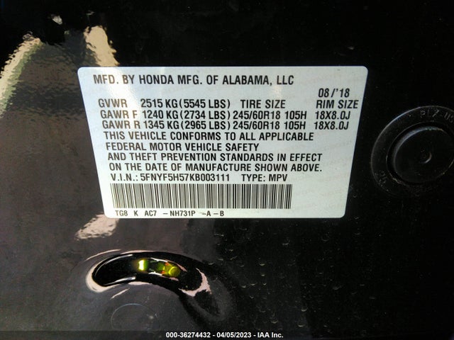 Honda Pilot Ex-l 2019 5FNYF5H57KB003111 Image 10