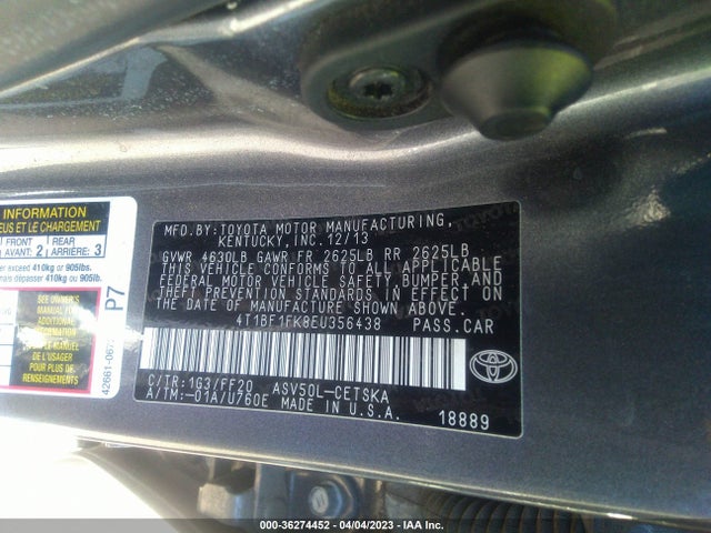 2014 TOYOTA CAMRY L/LE/XLE/SE/SE SPORT VIN: 4T1BF1FK8EU356438