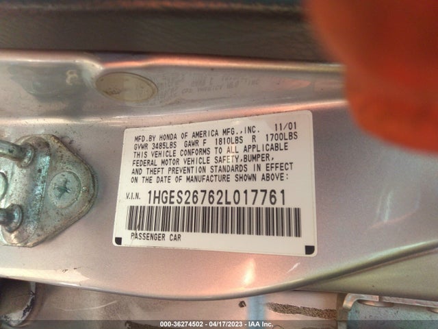 2002 HONDA CIVIC EX VIN: 1HGES26762L017761