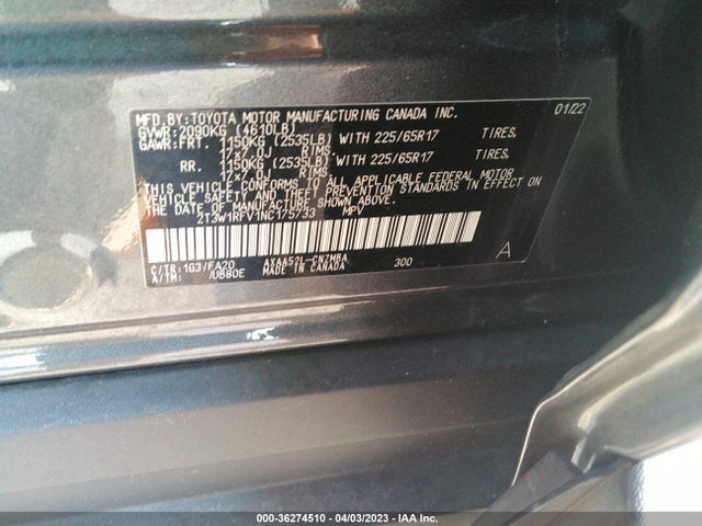 2022 TOYOTA RAV4 XLE VIN: 2T3W1RFV1NC175733