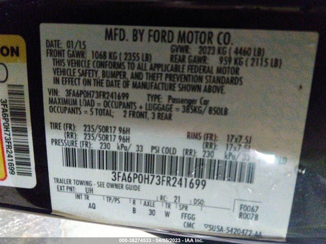 Ford FUSION SE 2015 3FA6P0H73FR241699 Image 10