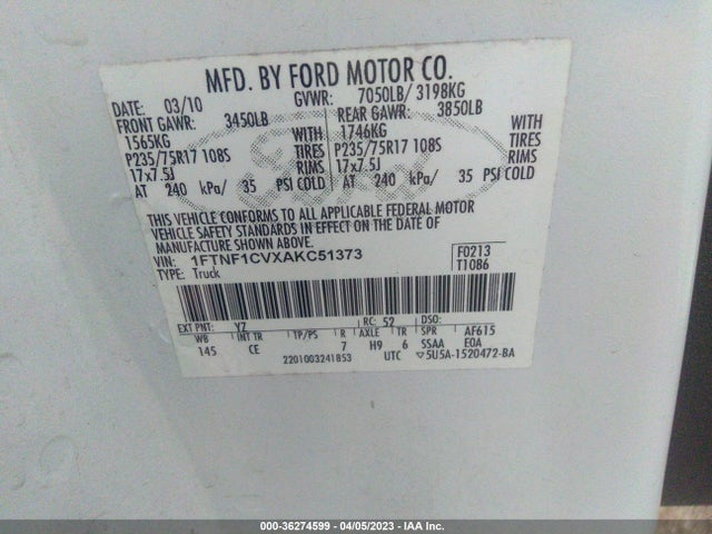 2010 FORD F-150 XL VIN: 1FTNF1CVXAKC51373