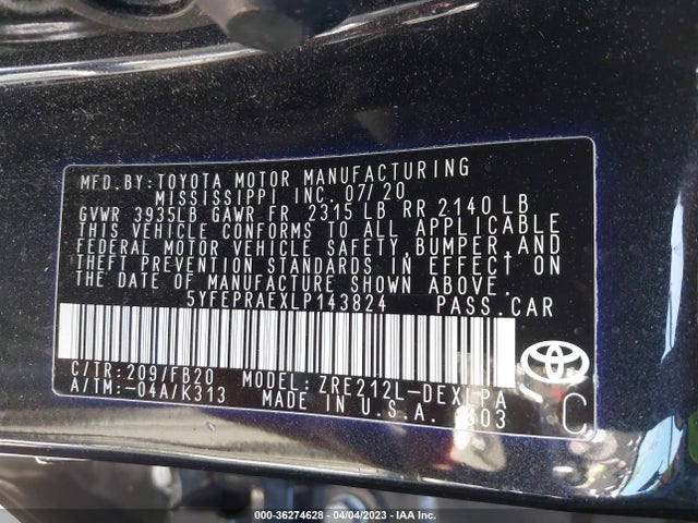 2020 TOYOTA COROLLA LE VIN: 5YFEPRAEXLP143824