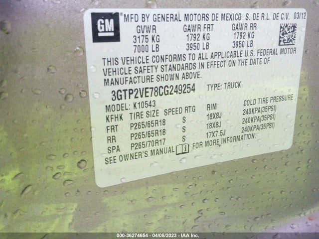 2012 GMC SIERRA 1500 SLE VIN: 3GTP2VE78CG249254