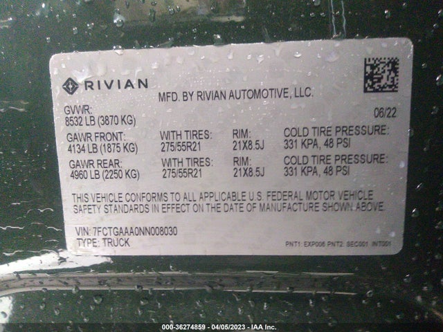 2022 Rivian R1T, VIN: 7FCTGAAA0NN008030