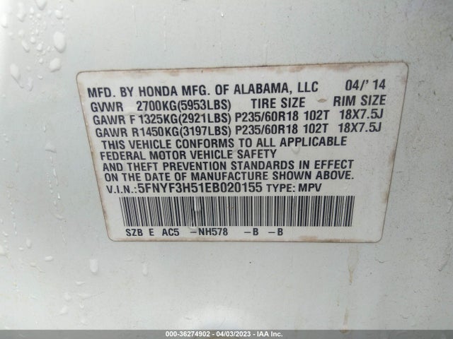 Honda Pilot Ex-l 2014 5FNYF3H51EB020155 Image 9