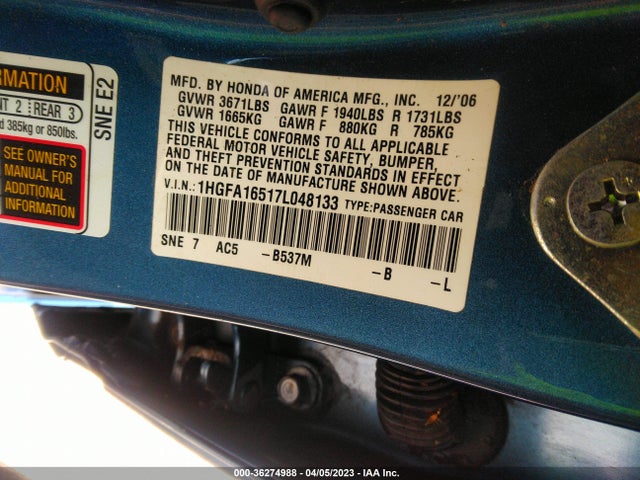 2007 HONDA CIVIC SDN LX VIN: 1HGFA16517L048133