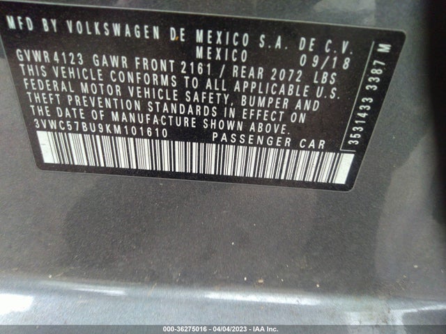 3VWC57BU9KM101610 Volkswagen Jetta S/se/r-line