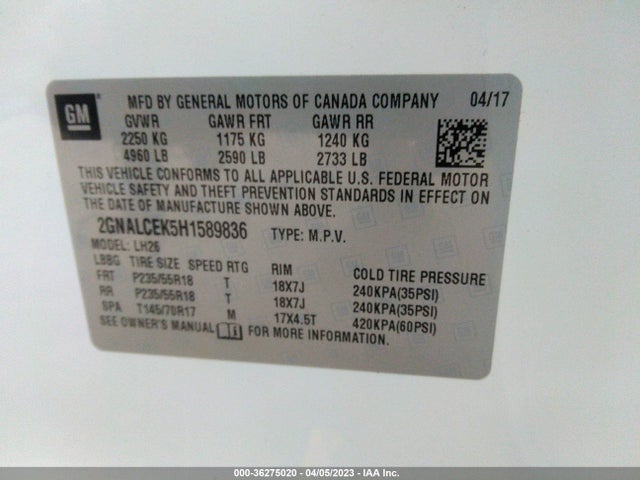 Chevrolet EQUINOX LT 2017 2GNALCEK5H1589836 Image 9